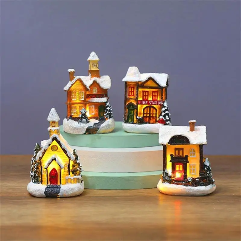 Operate Christmas Ornamnet Resin Snowy Xmas Scene Houses Figurine Snowy Christmas Village Animated Winter House Scenes