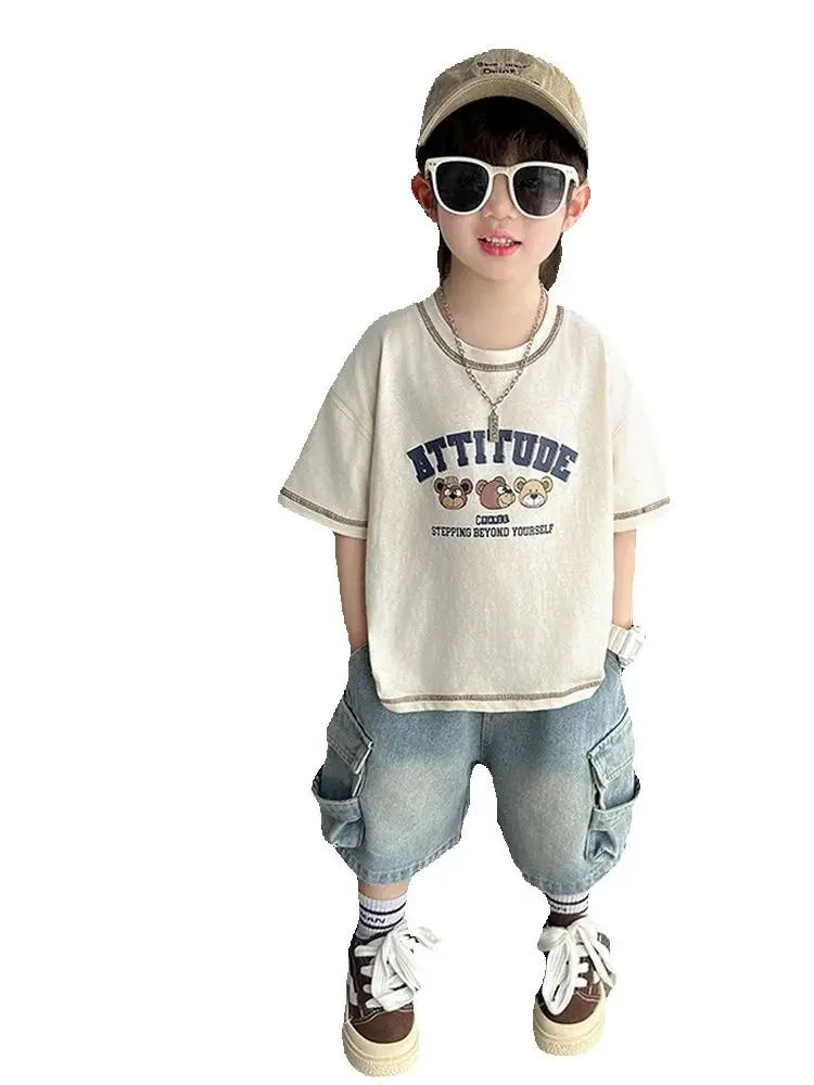 

Новая летняя одежда для мальчиков, костюм, футболка с героями мультфильмов для мальчиков и джинсовые шорты, 2 шт./компл., модная детская уличная одежда для малышей, От 2 до 9 лет