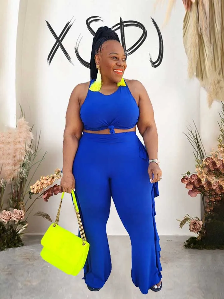 Style Plus Size Women Clothing Summer Two-piece Set Solid Color Tank Top Ruffle Pant Set Lady Trendy Suit Wholesale Dropshipping