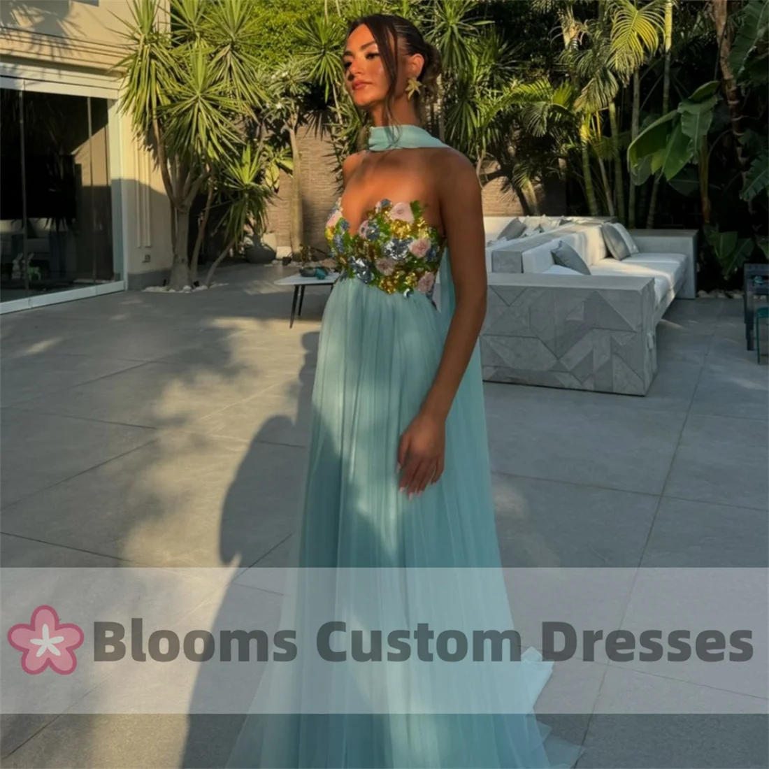 

Blooms Colorful Floral Sequins Prom Dresses For Special Occasion A-Line Party Gown Cape Sleeveless Gorgeous Evening Dress