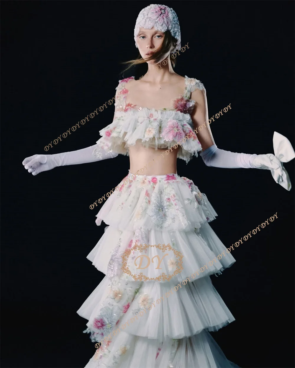 DY Luxury Floral A-Line Wedding Dress 2PCS Muti-Layer Tulle Princess Appliques Bridal Gown Customized Robe De Marige