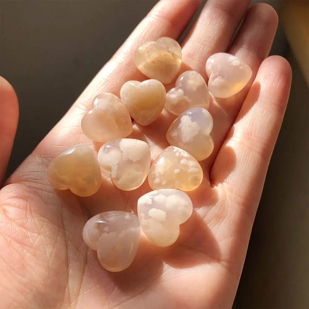 2pc/Lot Random Natural Mini Flower Agate Love Heart Quartz Crystal Healing Stone Carving Reiki Crafts DIY Sakura Cherry Blossom