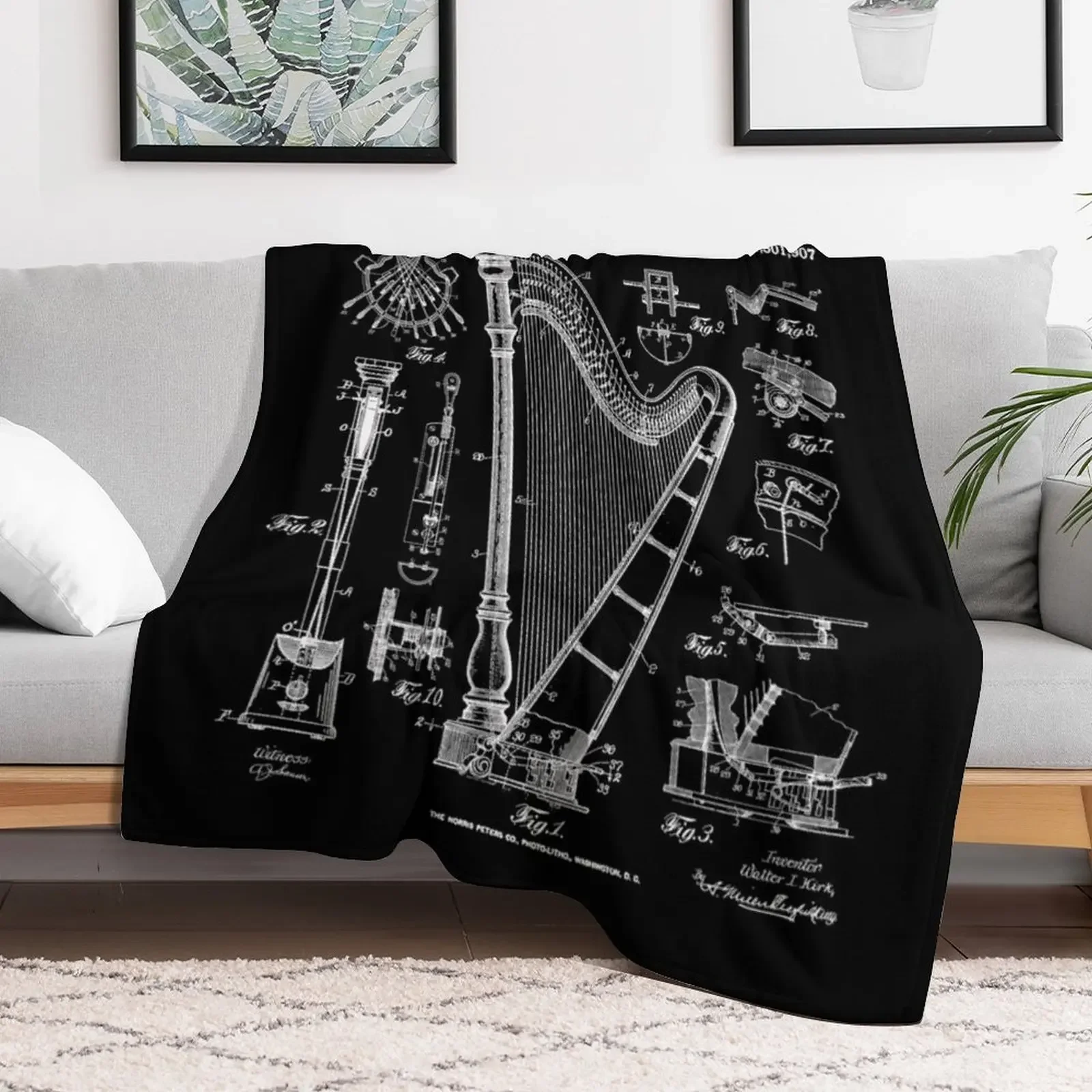 Harp Vintage Patent Harpist Drawing Print Throw Blanket Multi Purpose Soft Warm Blanket for Home Travel