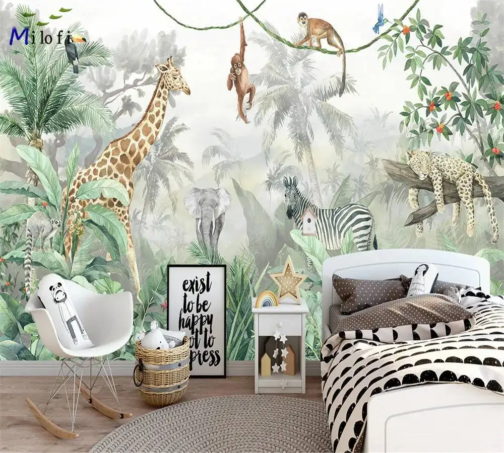 Cartoon children's room background wallpaper and wall covering, forest animal custom mural, boy's bedroom wall covering