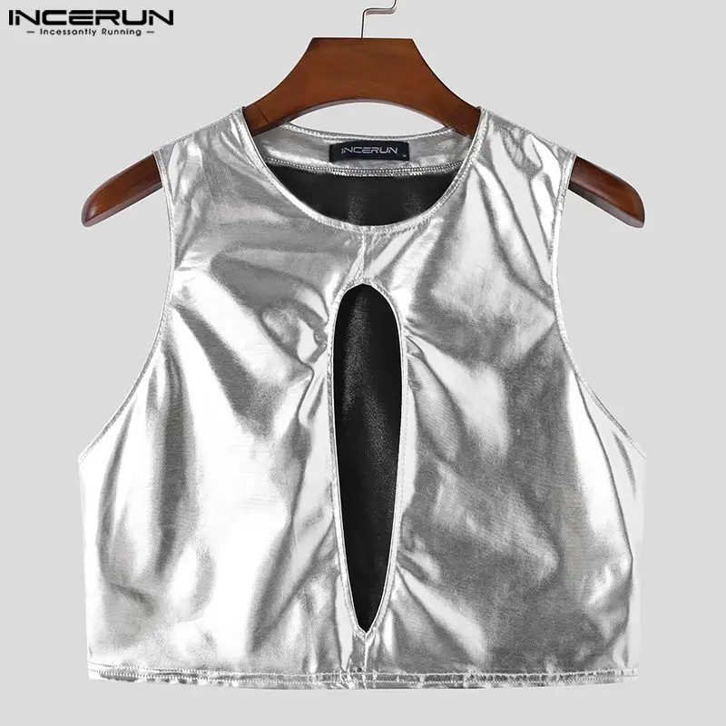 Sexy Stylish Style Tops INCERUN Men\'s Glitter Fabric Hollow Cropped Vests Casual Clubwear O-neck Sleeveless Tank Tops S-5XL 2024