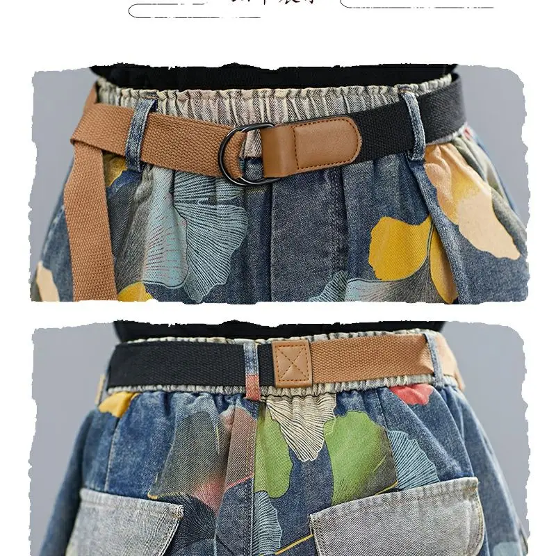 Shorts jeans de cintura elástica arte retrô, calção de perna larga, cintura alta solta versátil, nova impressão, casual, moda verão