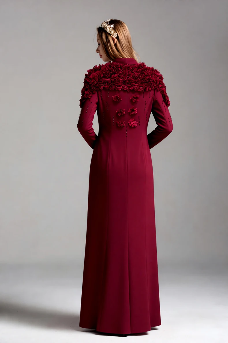 Vestido maxi feminino de manga comprida com apliques florais 3D – vestido elegante com gola xale e botões dourados para festa, casamento, evento noturno