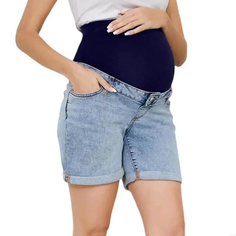 Elastische Überbauch-Schwangerschafts-Jeans-Shorts, gerollter Saum, atmungsaktiv, bequem für werdende Mütter, tägliches Tragen – Detail 4