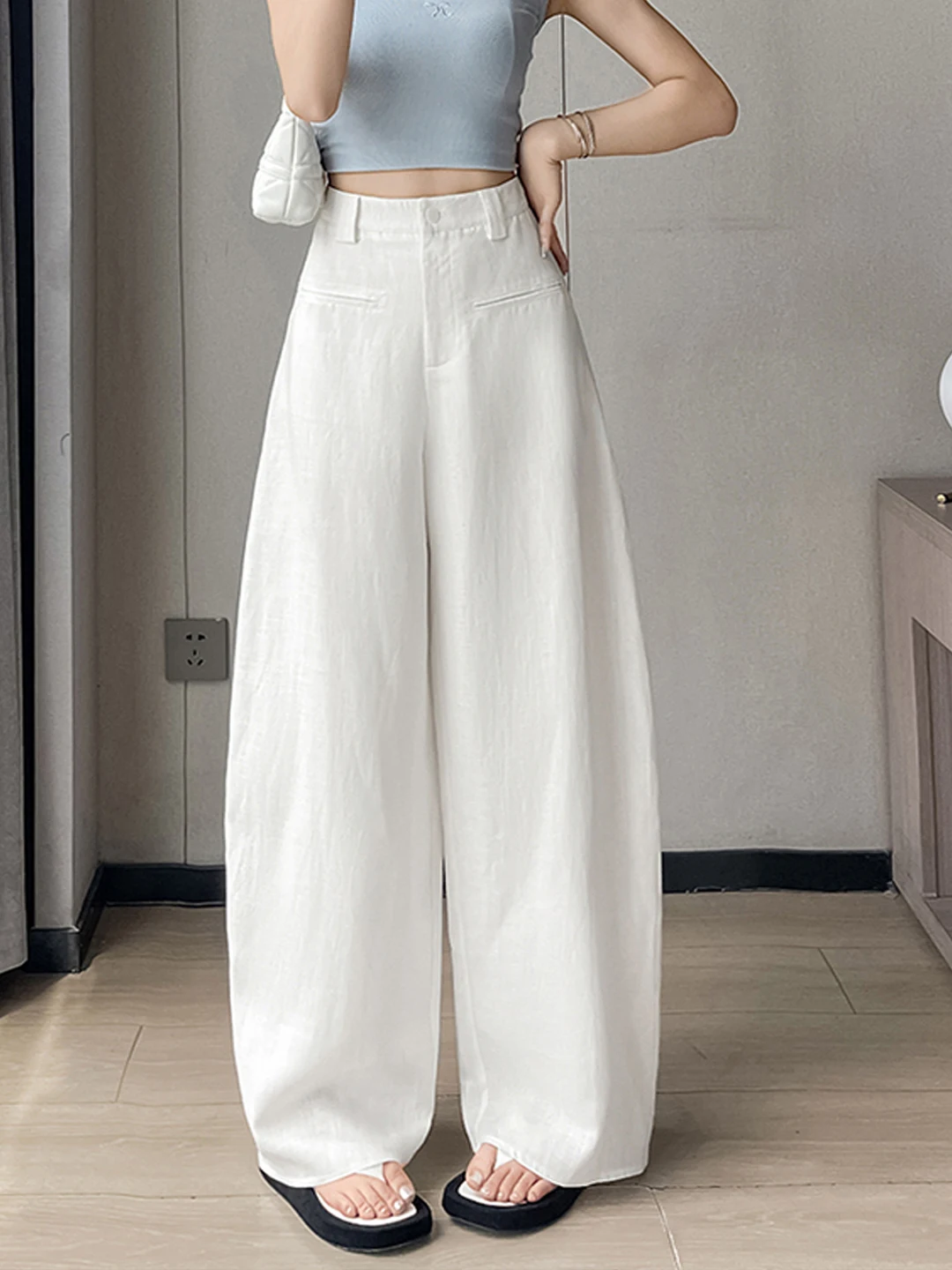 

Женские летние брюки с высокой талией и широкими штанинами из тонкого льняного шелка, повседневные, немнущиеся, струящиеся, комфортные, прямого кроя