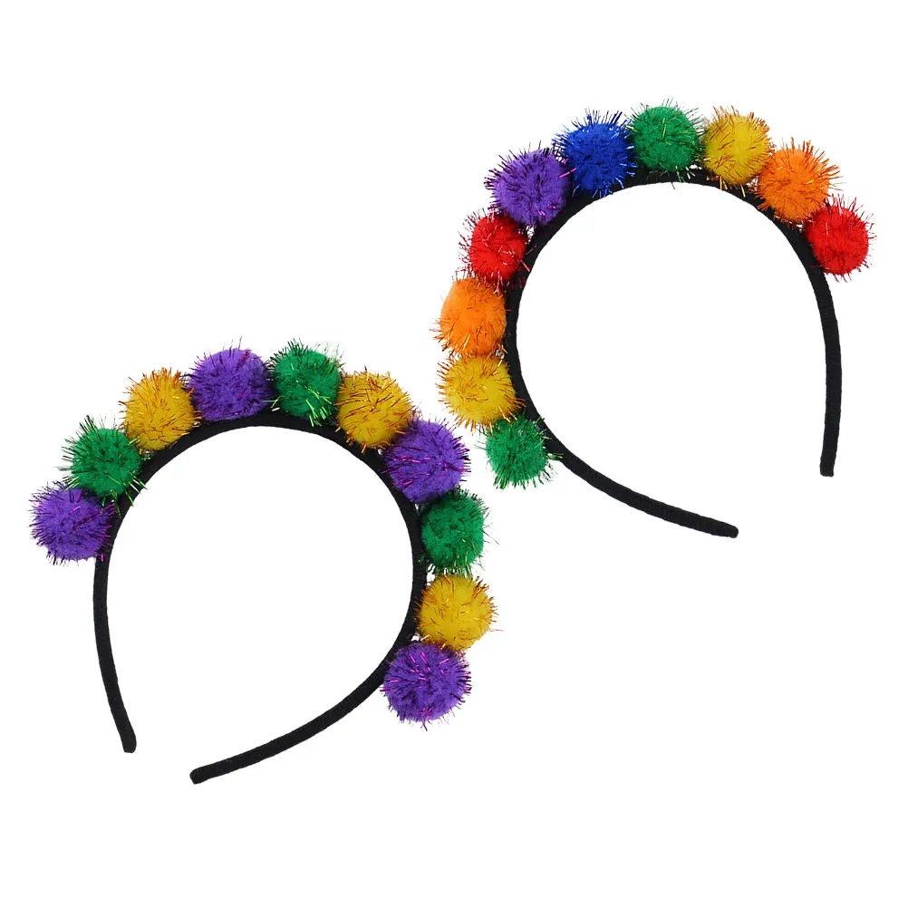 

2Pcs Carnival Hair Hoop Glitter Pompom Balls Colorful Party Headband Festival Celebration Accessories Fun Hairband for Events