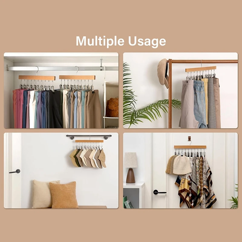 Wood Hanger For Pants, Hangers Hold With 12 Nonslip Clips, Set Of 2 Legging Organizer For Closet