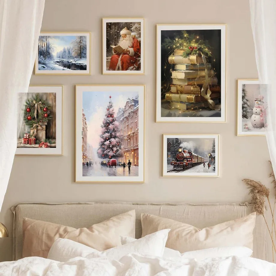 Vintage Zug Rosa Schneemann Rosa Weihnachtsbaum Wald Weihnachtsmann Poster Druck Leinwand Malerei Nordic Wand Kunst Home Room Decor