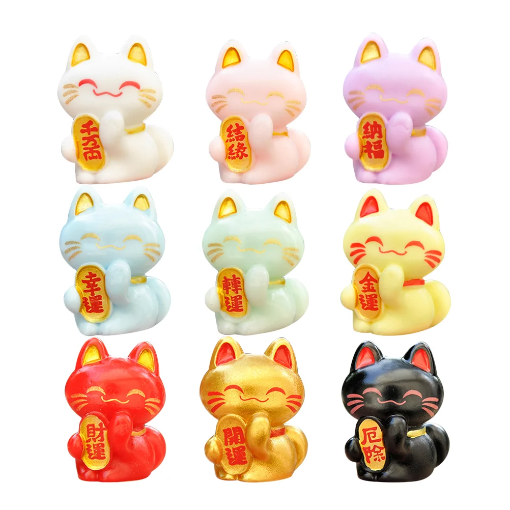 9 Pcs Miniature Lucky Cat Animal Fortune Model Decorations Resin Adornments Figurine Office Desktop Statue