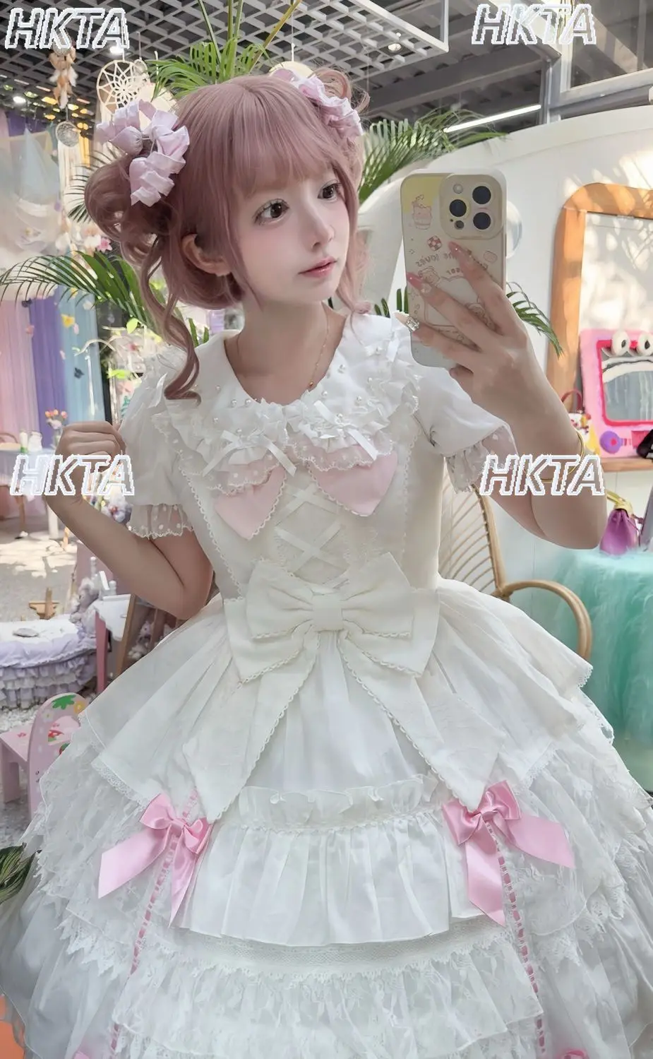 لوليتا الحلو لطيف دمية طوق البتلة كم طويل القوس الوردي قميص الداخلية Kawaii الدانتيل المرقعة Ruched اللؤلؤ الأبيض بلوزة بلايز النساء