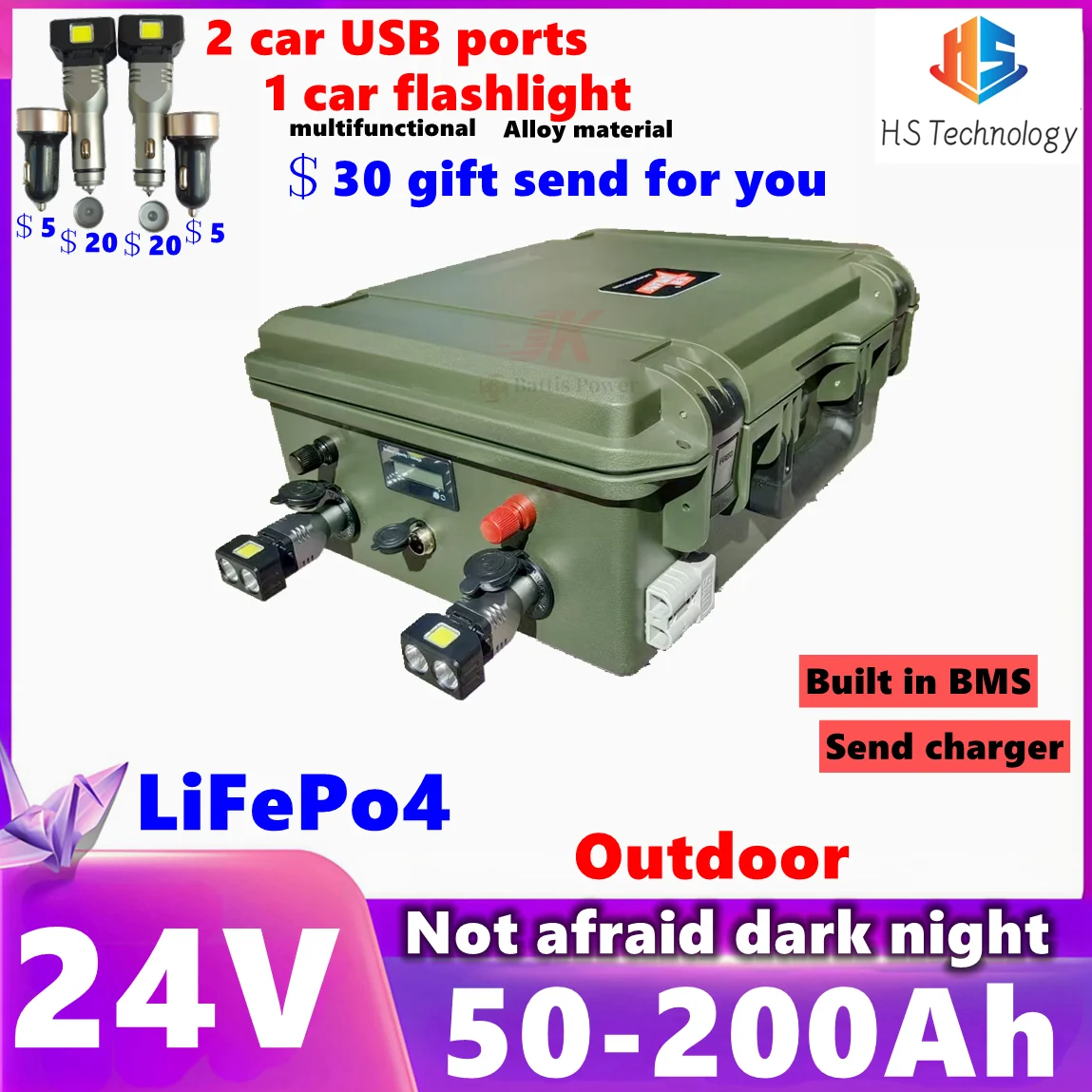 

HS 24V LiFePo4 Battery 50Ah 80Ah 100AH 120Ah 150Ah 180Ah 200Ah Lithium for Trolling Motor Solar Panel Outdoor Camping,RVinverter