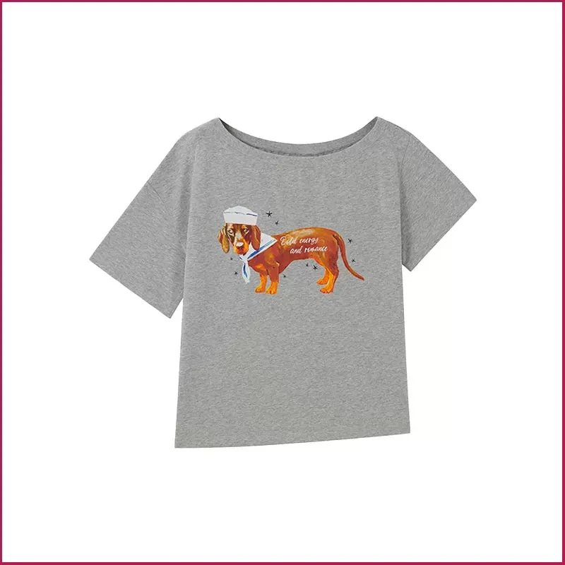 ゆったりとしたカジュアルな女性用オルト・スヴェ・ティート・ソーセージドッグプリント・オルダーバード・韓国風・通勤・ファション・コットン・サマートップ