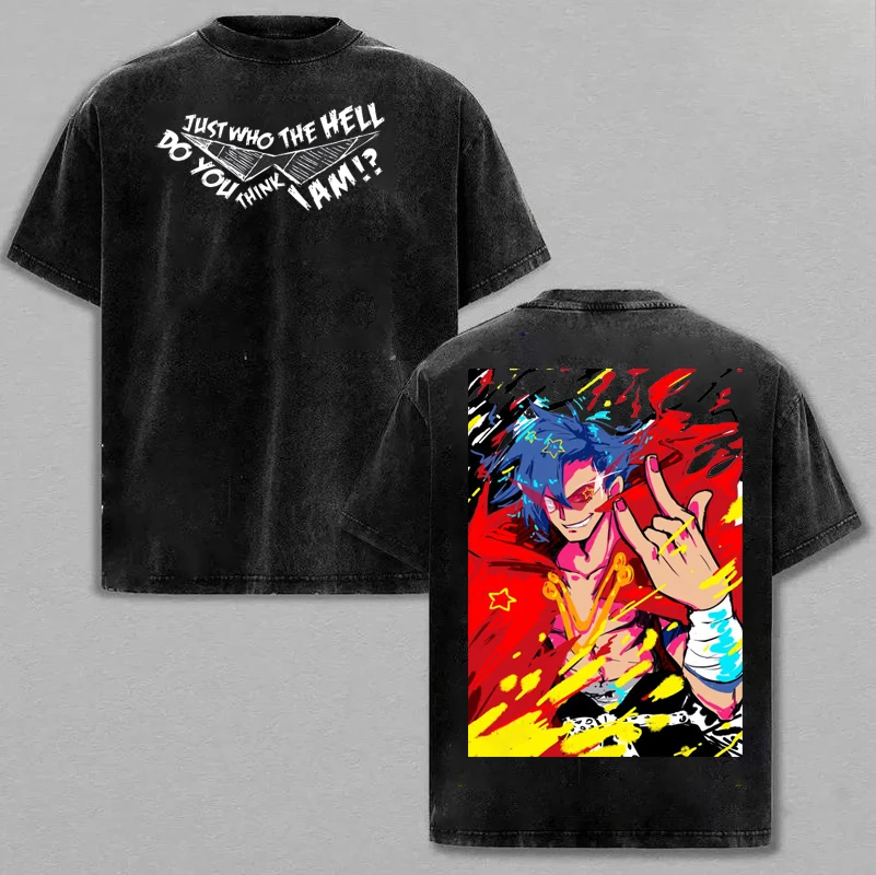 Anime Kamina Tengen Toppa Gurren Lagann Graphic Print T-shirt Men Women Retro Washed Harajuku Fashion Loose Casual Oversized Top