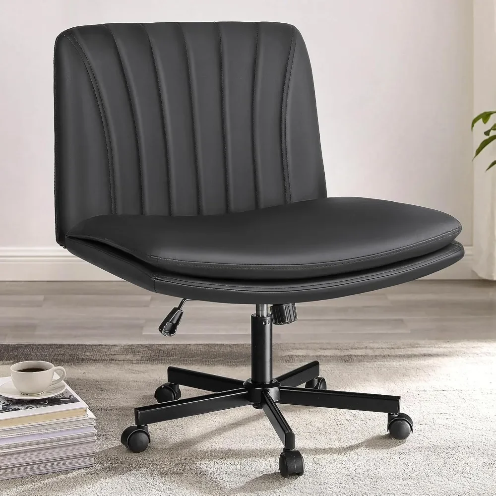 Criss Cross Legged Chair with Wheels,Comfy Armless Office Desk Chair,PU Leather Swivel Modern Makeup Vanity Chair