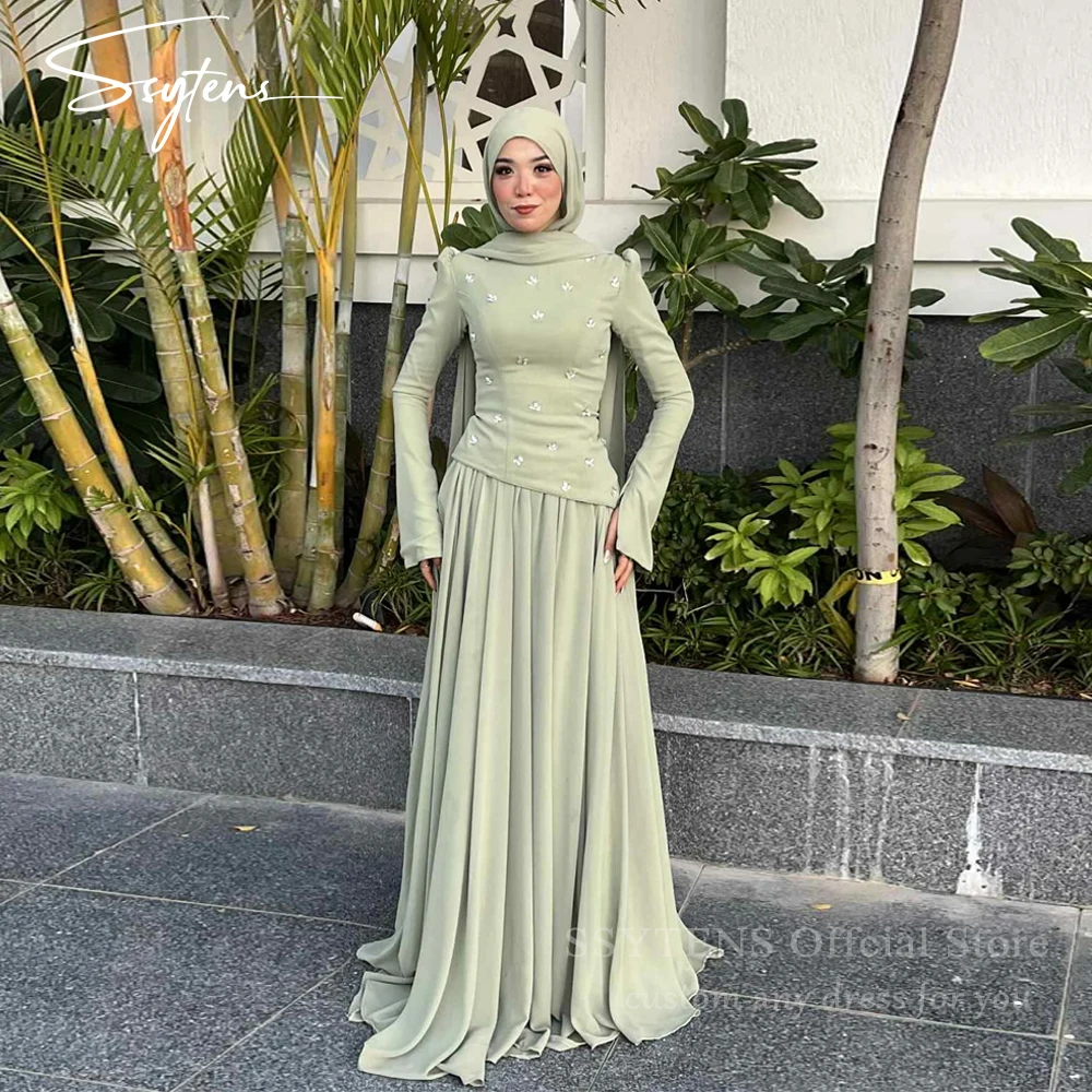 

SSYTENS Modest Light Green Evening Dresses Sequined Long Sleeves Wedding Guest Prom Dresses Dubai Formal Party Gown Customized
