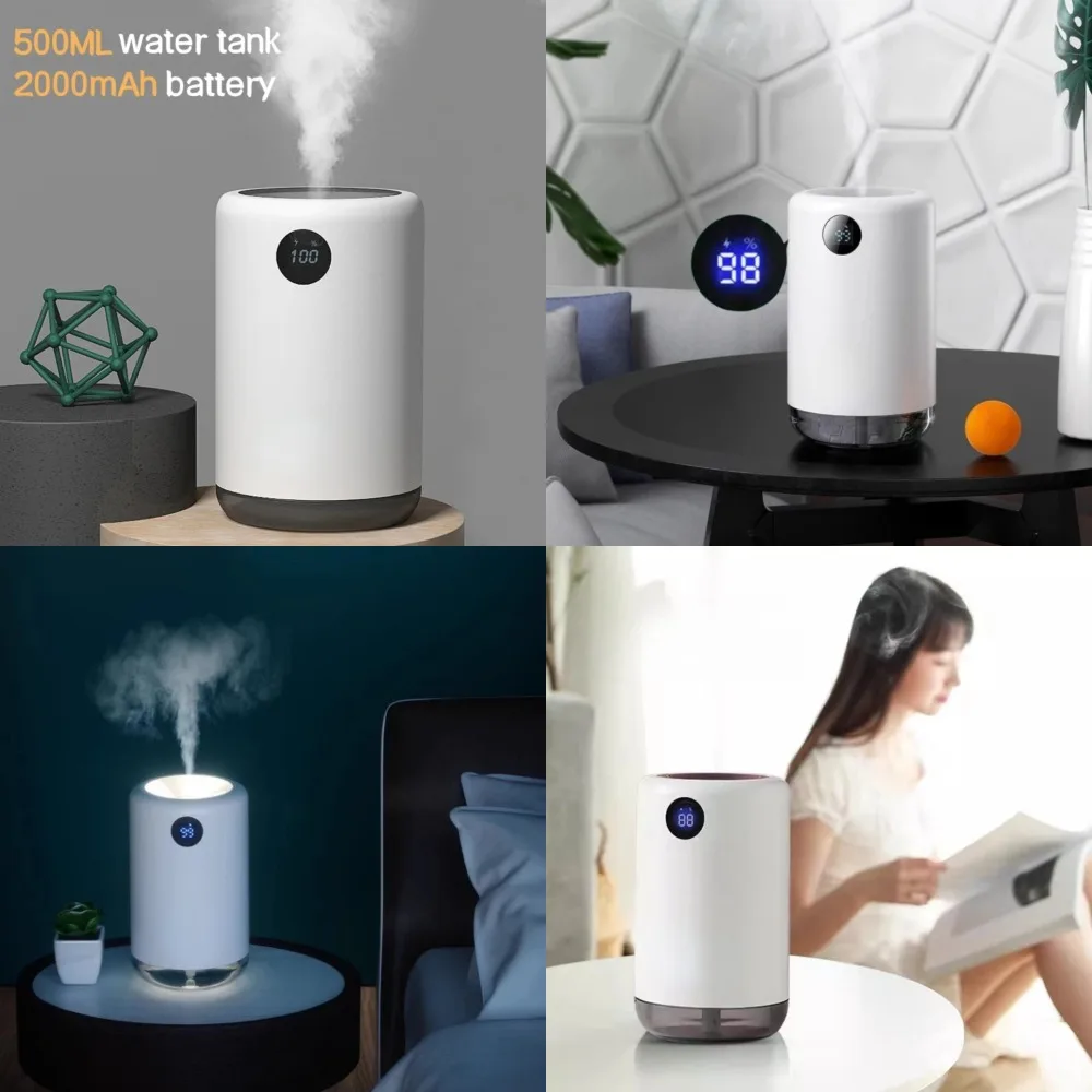 

Portable USB Rechargeable Ultrasonic Air Humidifier with 500ML Capacity and 2000mAh Battery - Ideal for Office Use with LED Nigh