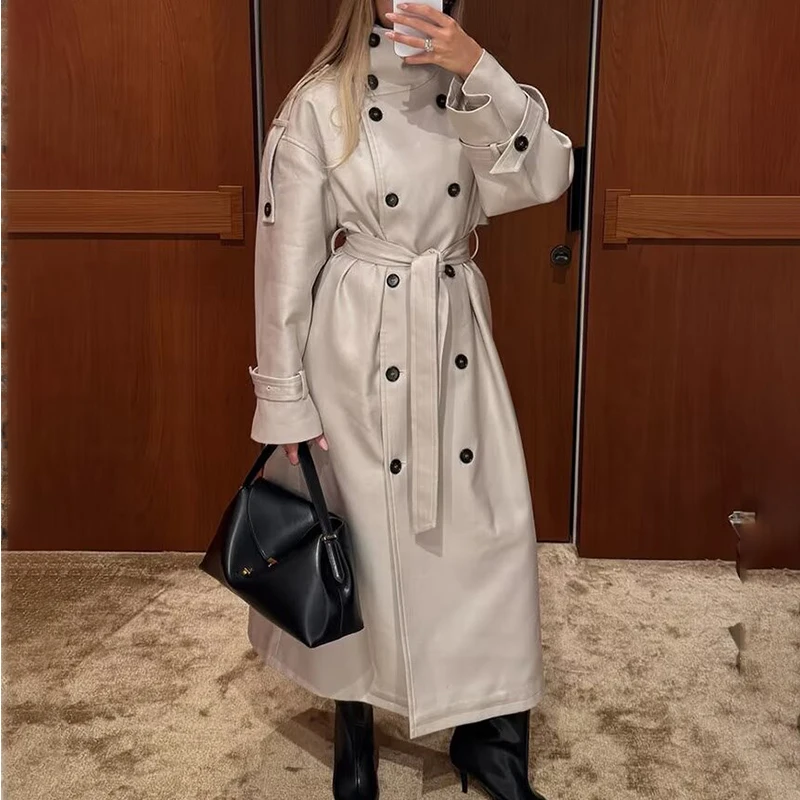 

British Style Solid Color Double-breasted Long Trench Coat For Women 2025 Autumn And Winter New Outerwear