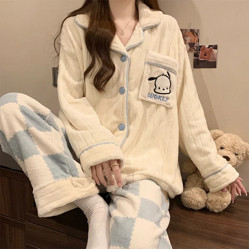 

Anime Pochacco Women Flannel Pajamas Set Kawaii Hello Kitty Autumn Winter Thickened Plush Nightgown Cute Girls Home Clothing Set