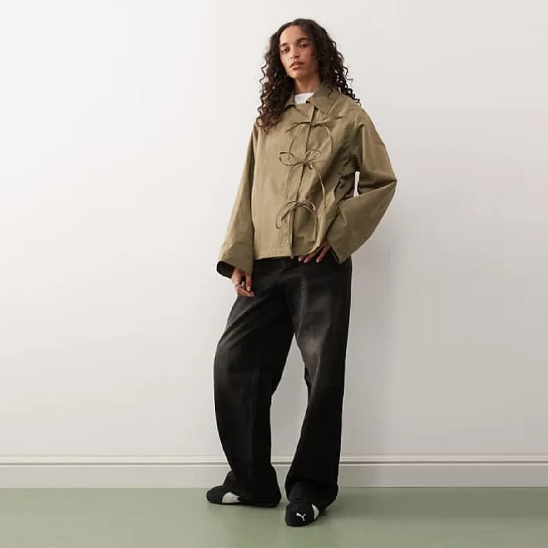 Casual Chic Bow Tie Strapped Jacket Women's Loose Lapel Long Sleeve Pockets Coats 2025 Autumn Lady Daily Street Outerwears