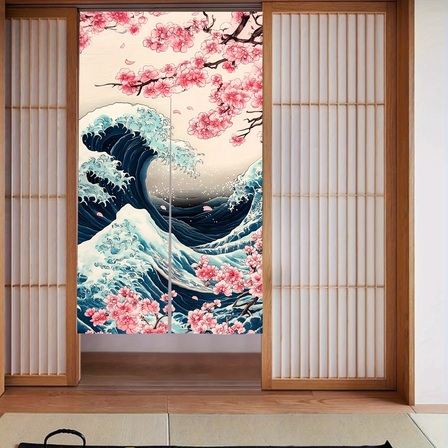 VIKAMA Nagawa Surfing Door Curtain Kitchen Pink Cherry Blossom Bathroom Divider Curtain Bedroom Entrance Half Curtain Home Decor