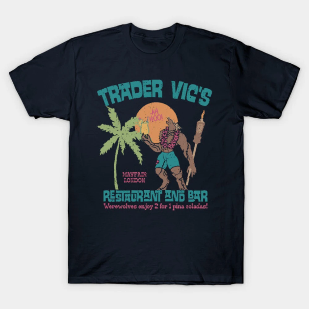 

Men Motorcycle Distressed Vintage Palm Tree Wolf Bartender Graphic Cotton T-shirt Classic Horror Movie Short Sleeve Street Cloth