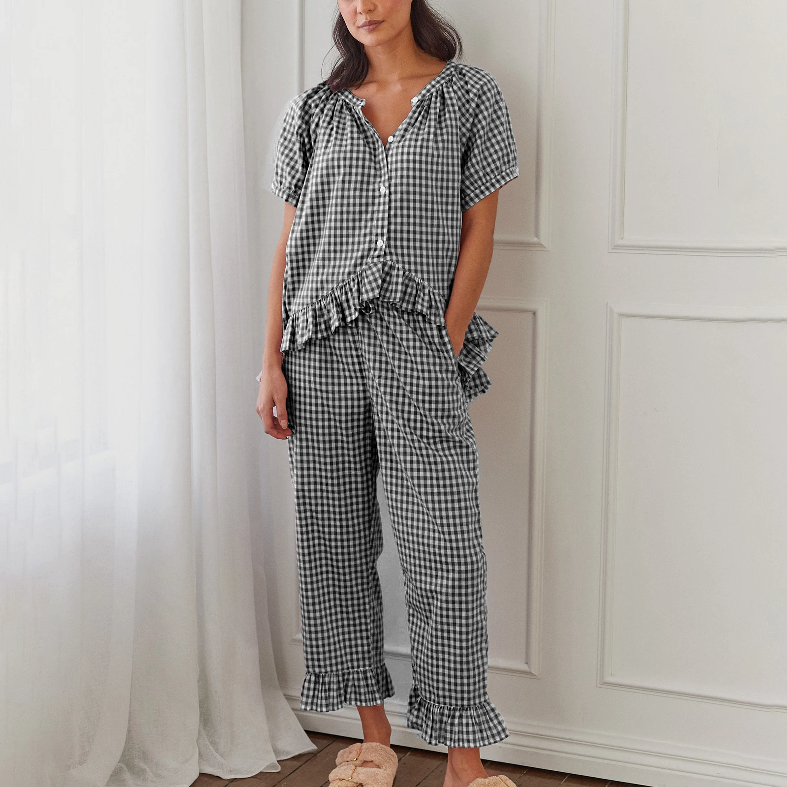 Combhasaki Women’s 2 Piece Plaid Loungewear Outfits Set Short Sleeve Irregular Ruffled Hem Button Up Shirt+Drawstring Long Pants