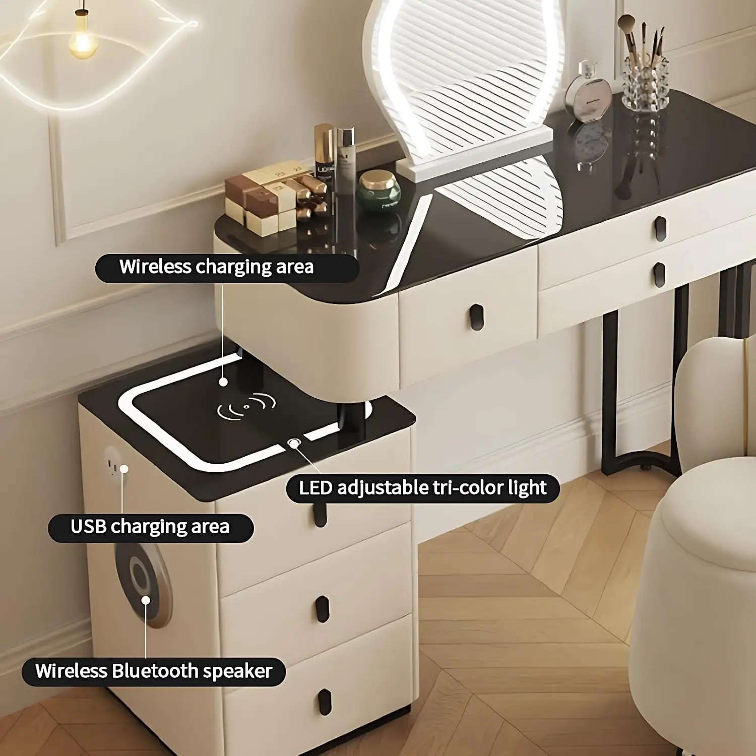 Modern Vani Table Set ty with LED Makeup Mirror Multi Layer Solid Wood Charging Port & Speaker Function for Stylish Makeup and n
