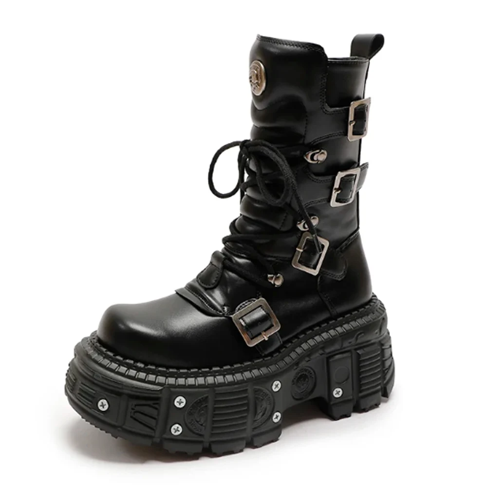 

Black Platform Gothic Women Genuine Leather Motorcycle Boots Microfiber Punk Shoes Round Metal Decorate Mid-calf Boots Lace Up