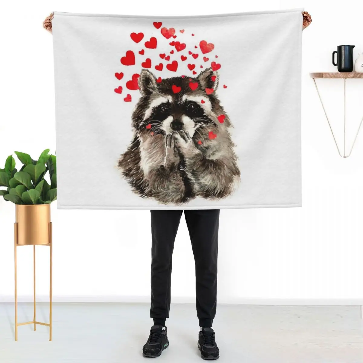 

Cute Watercolor Raccoon Blowing Kisses & Hearts Throw Blanket Air Conditioner Soft Blanket for Office Home