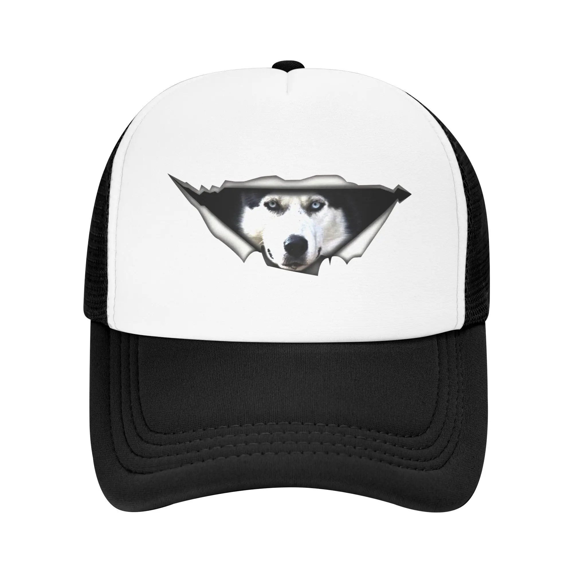 Husky Peeking Through Torn Fabric Trucker Hat Unisex Breathable Mesh Baseball Cap Outdoor Adjustable