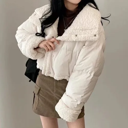 

Шикарная модная утолщенная короткая хлопковая куртка, женская свободная теплая куртка с двусторонним воротником, корейская теплая верхняя одежда с рукавами
