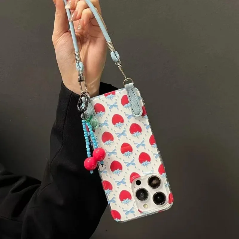 حافظة هاتف كرز زرقاء ملونة كاملة الشاشة مع حبل معلق طويل وقصير من الكرز لهاتف آيفون 11 12 13 14 15 16 برو ماكس