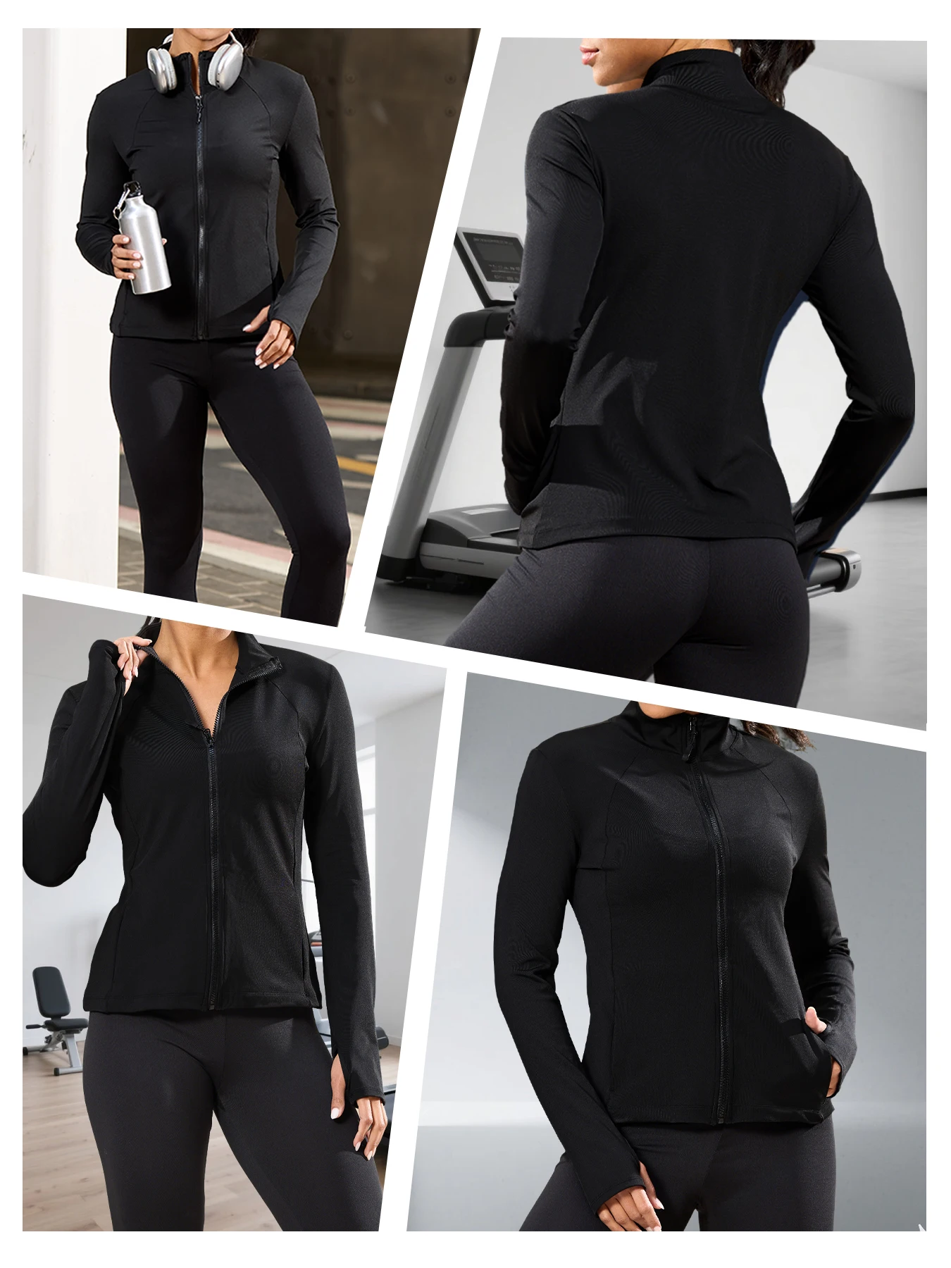 Dámská běžecká bunda na jógu, celopropínací zip s otvory pro palce, ideální na turistiku a další aktivity - náhled 3