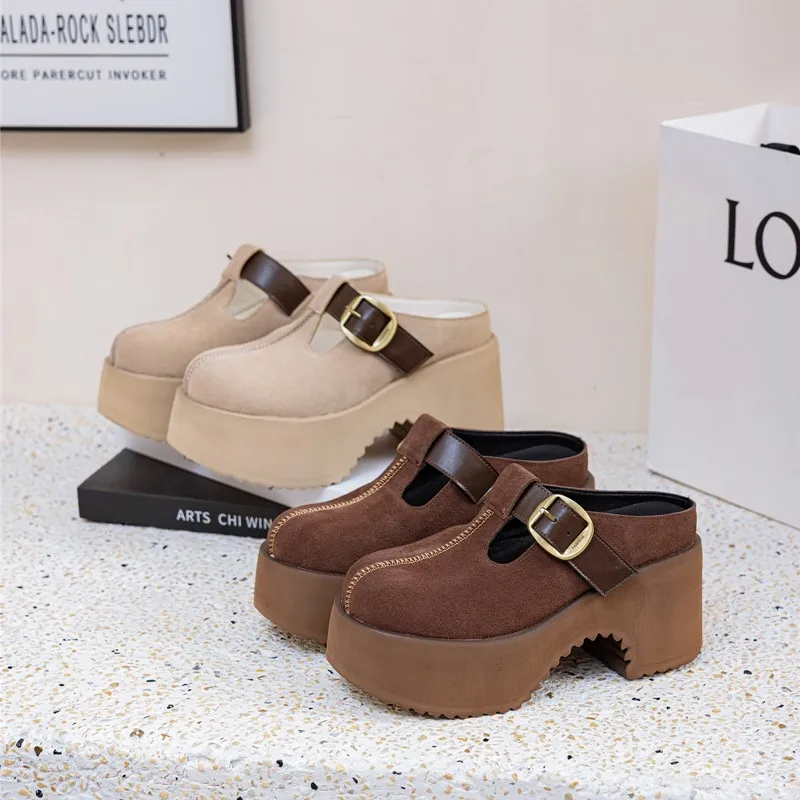 

Women Slippers 9cm High Heel Spring Season Platform Slip-On Genuine Leather Women Slippers Closed Toe Lazy Mules Women