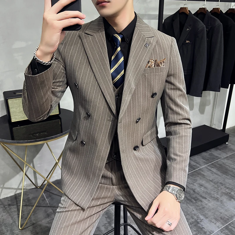 

Autumn Winter Double-breasted Suit Men's Business Casual Handsome Striped Suit Three-piece Korean Version Dress