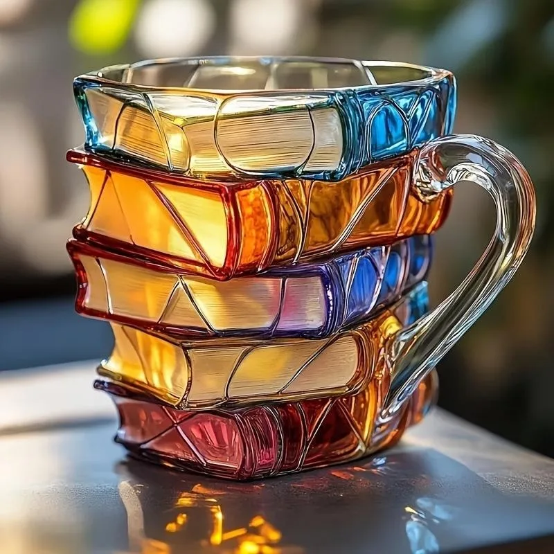 Innovative 3D Painting Book Mug Unique Stacked Glass Coffee Cup Perfect Gift for Literature Lovers Creative Colorful Book