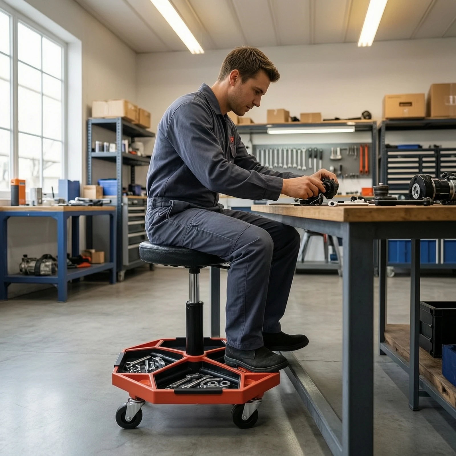 Adjustable Workshop Stool Cushioned Rolling Stool with Tool Tray Smooth-rolling Seat for Garage Workshop