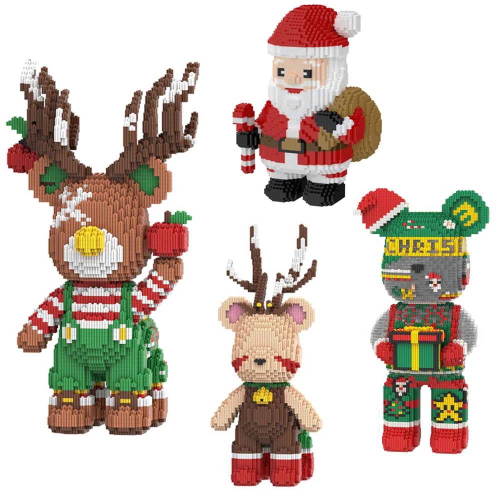 

Рождественский медведь, мини-строительные блоки, Санта-Клаус, снеговик, дерево, олень, модель фигурки, собранные микро-кирпичи, игрушки для украшения дома