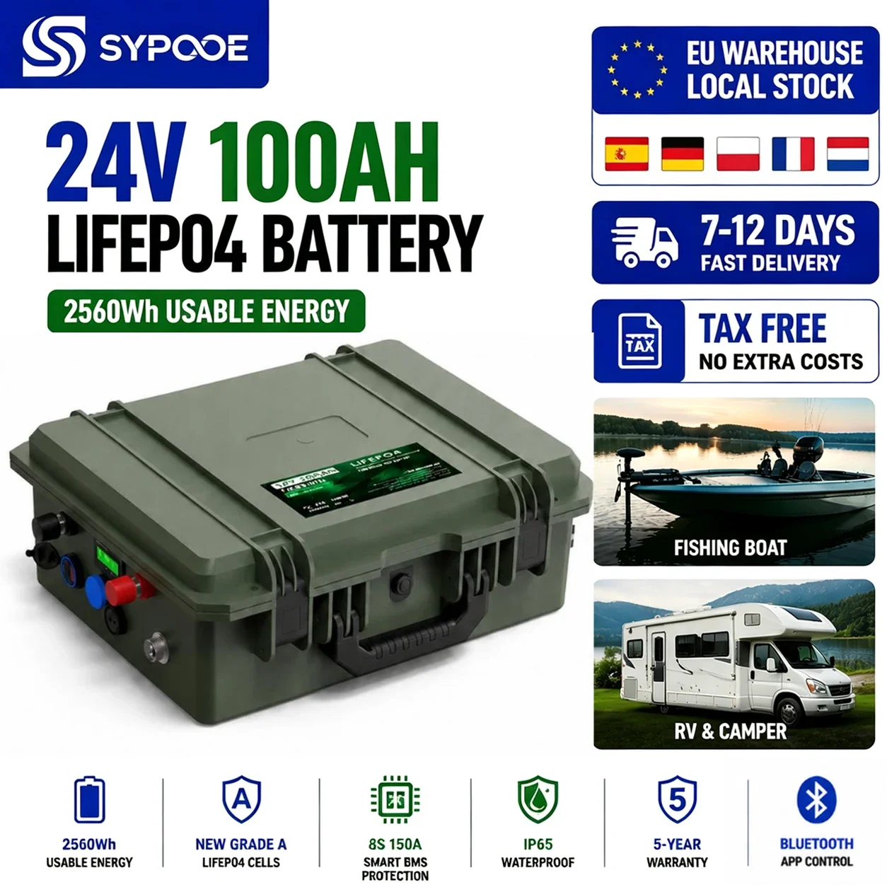 Image of 24V 100Ah LiFePO4 Akku 2560Wh für Fischerboot-Akkupack, tragbar, USB PD QC, 6000+ Zyklen, Bluetooth BMS, IP65, 100% Grade A, 25.6V Lithium-Akku, EU-Lagerbestand