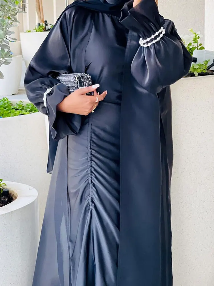 Ramadan Open Abaya Islamic Clothing Sheer Organza Muslim Women Long Dresses Dubai Turkey Party Outfit Kimono Cardigan (No Inner)