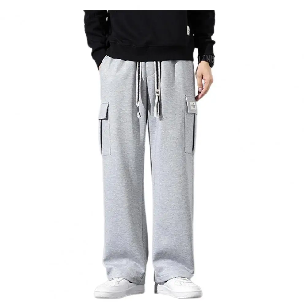 Men Sweatpants Drawstring Elastic Waist Wide Leg Sport with Multi Pockets Trousers Workout Jogging Long Pants