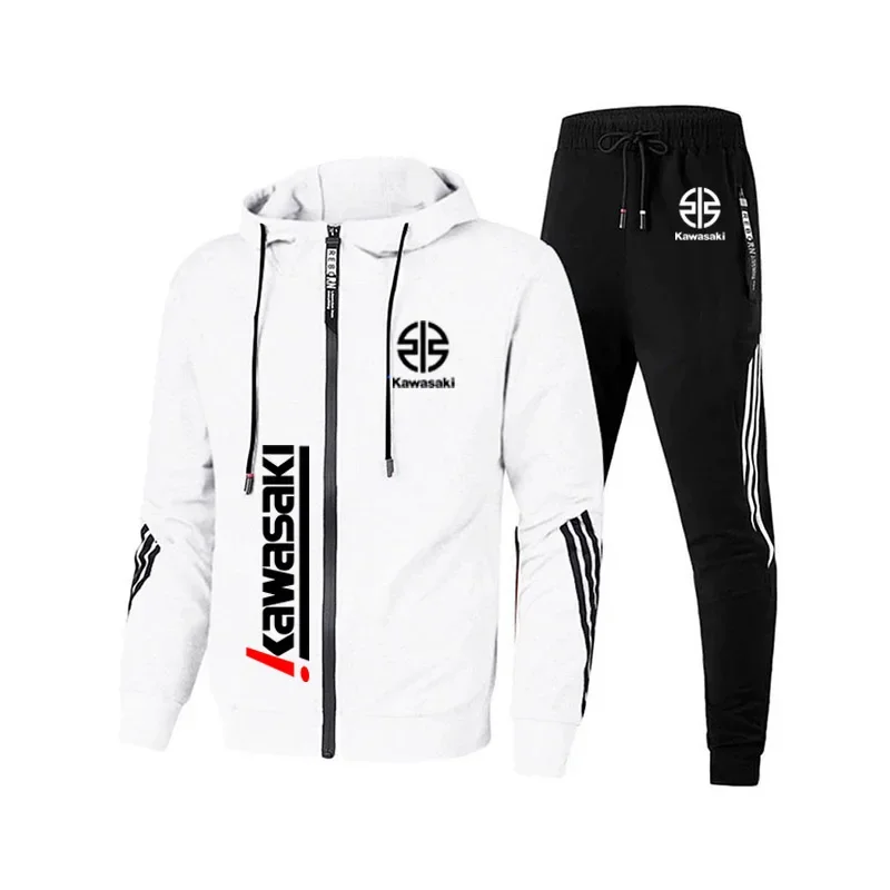 Kawasaki Motorcycle Racing Men's Hooded Jacket Pants Set Spring and Autumn Leisure 2025 New Men's Zipper Sportswear Pants Set
