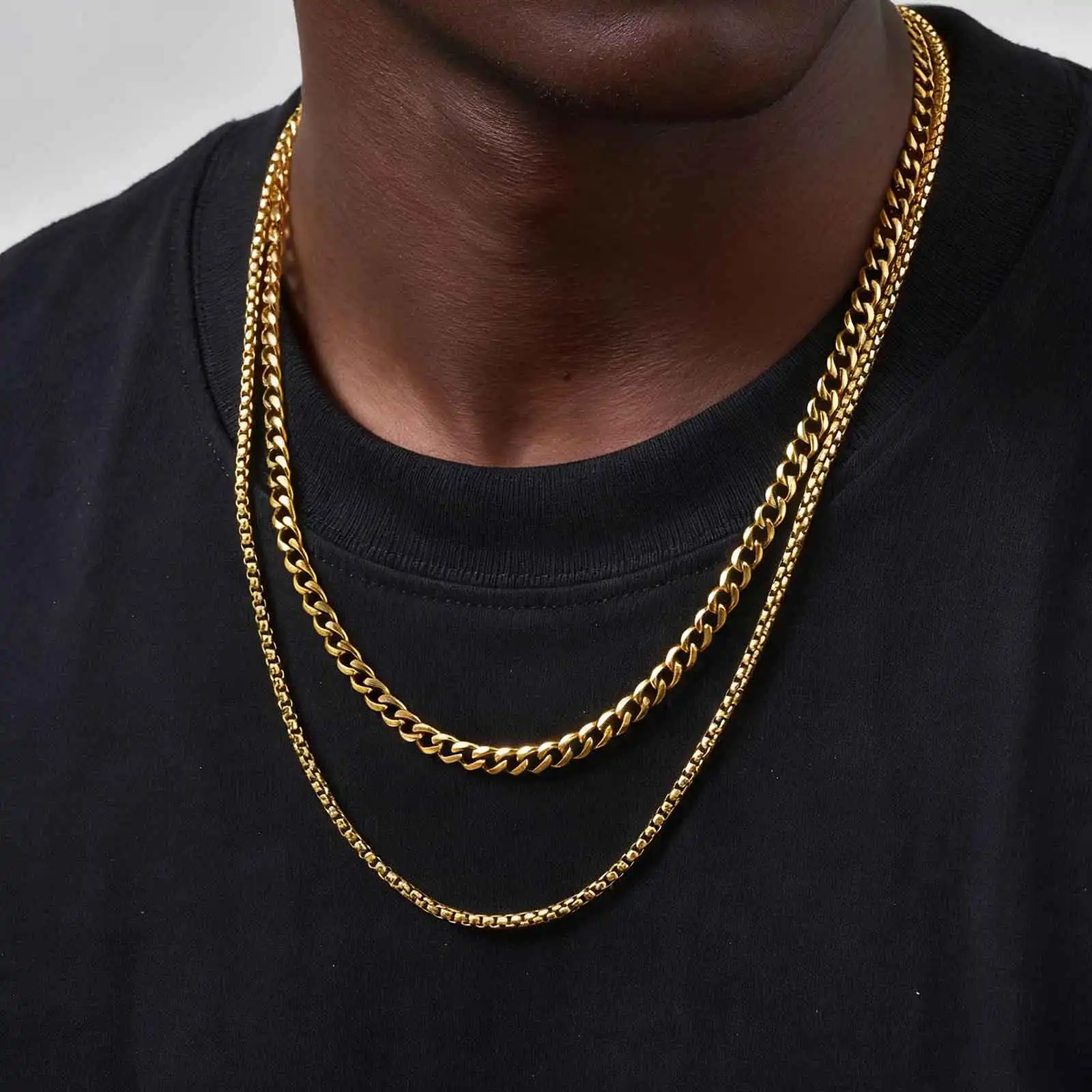 2 Stück Trendige Kettenhalsketten für Männer und Jungen, Edelstahl in Silber- und Goldfarbe, Kubanische Kettenhalsbänder, Kastenkette, Gedrehte Seilkette als Geschenk – Detail 2