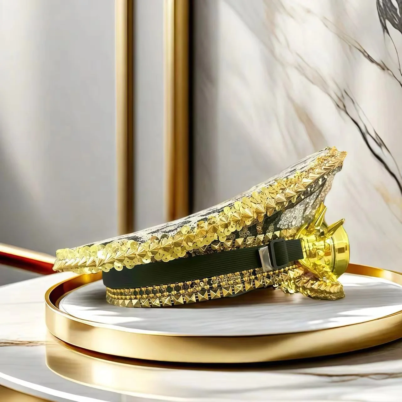 หมวกกัปตันฮองหลวน โกลเด้น ก็อกเกิลส์ ประดับคริสตัล สำหรับงานเทศกาลดนตรี ผู้หญิง หมวกคอสตูมงานคาร์นิวัล และอุปกรณ์เสริมคอสเพลย์สำหรับผู้หญิง