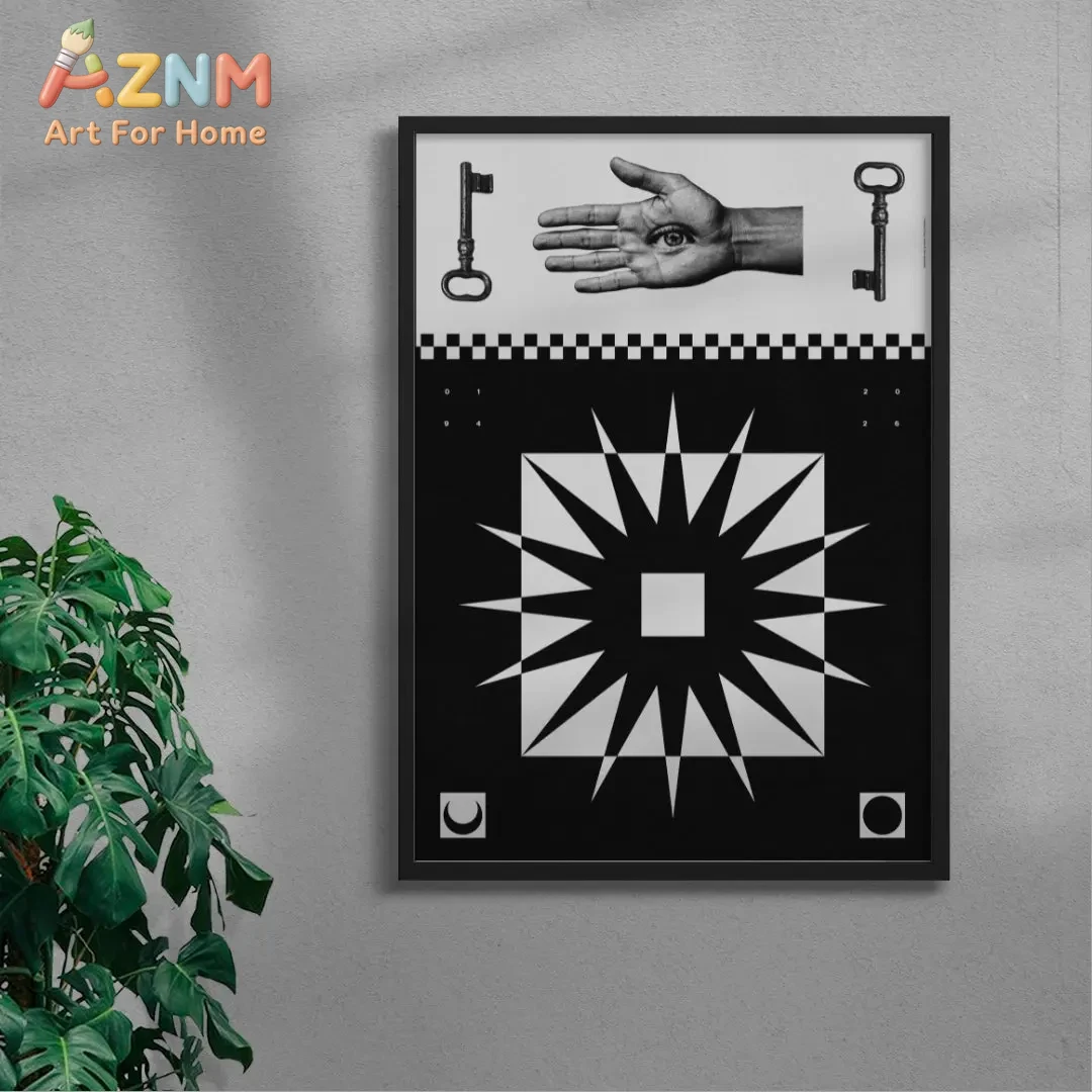

Surreal Hand Eye & Compass Framed Wall Art - Mysterious Black White Esoteric Print Decor for Home Office