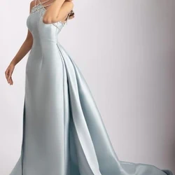 Halter Satin Long Beaded Evening Gowns Lace up Back Panel Train Pleats Solid Color A-Line